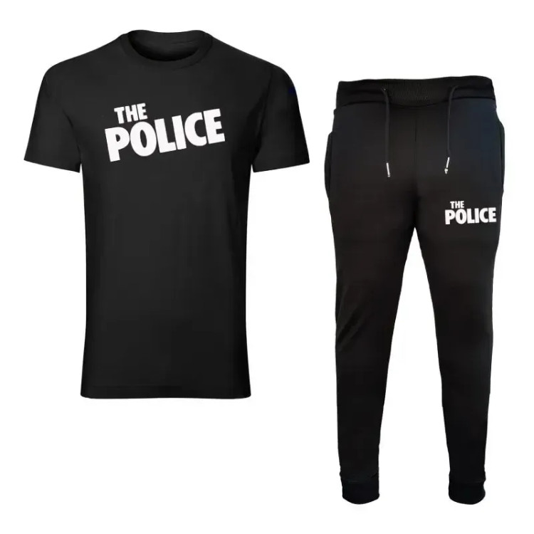 ست تیشرت آستین کوتاه یقه گرد و شلوار مردانه طرح polis مدل e4656 مشکی جنس نخ کمر کش دم پا کش