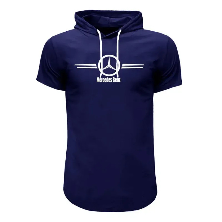 تیشرت کلاه دار مردانه سورمه ای طرح بنز آستین کوتاه نخی سایز L XL 2XL