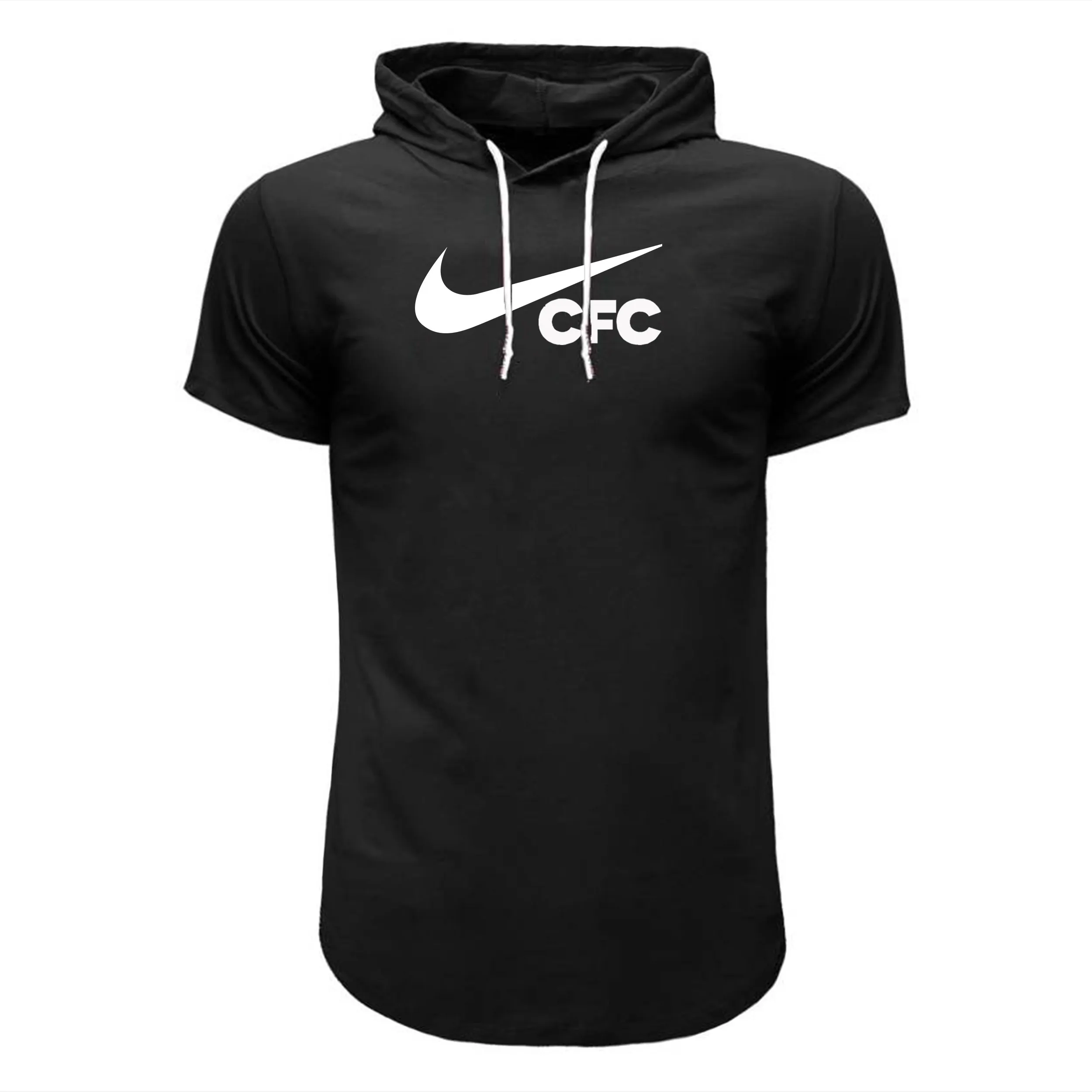 تیشرت کلاه دار مردانه آستین کوتاه نخی طرح cfc رنگ مشکی سایز L XL XXL