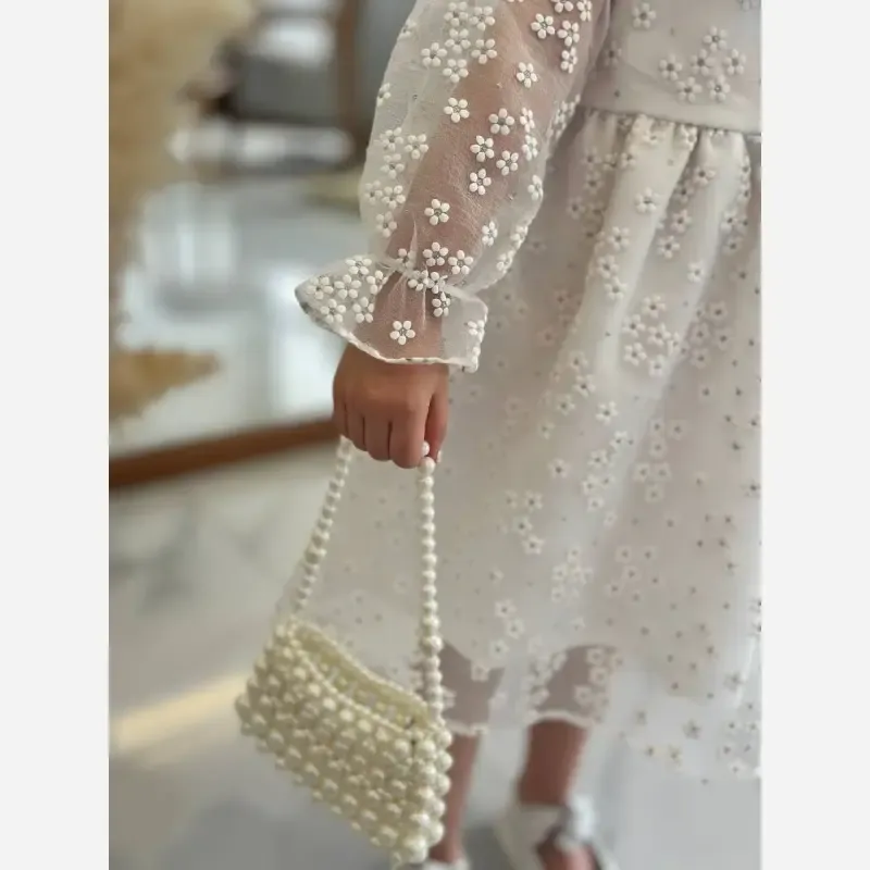پیراهن مجلسی بچگانه تور گل گچی آستردار سایز 2 تا 9 سال