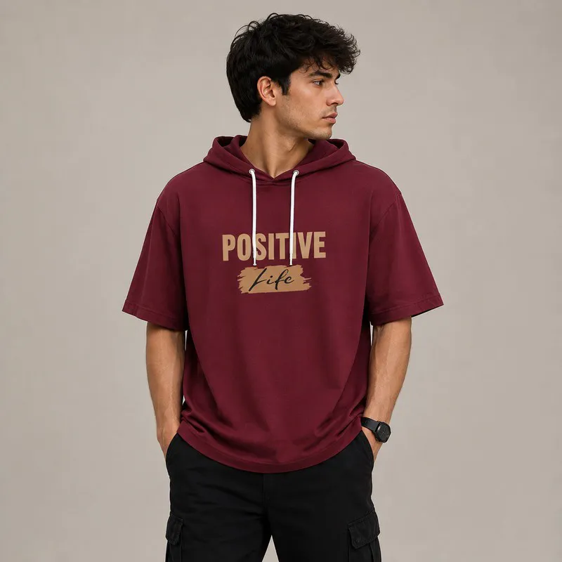 تی شرت مردانه کلاه دار پنبه ای طرح حروف مدل positive
