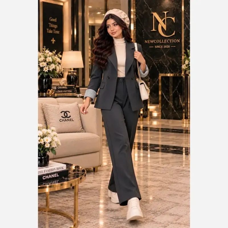 کت و شلوار زنانه کتان کشی اداری و دانشجویی رنگ طوسی تیره سایز فری مناسب 38 تا 46