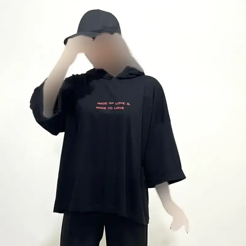 تیشرت باکسی کلاهدار چاپی نخ پنبه لش